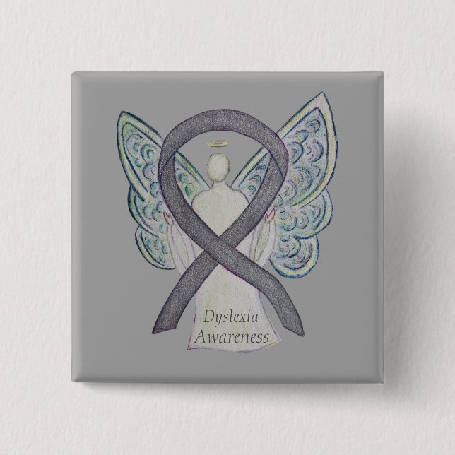Dyslexia Silver Awareness Ribbon Angel Custom Pin (Front)