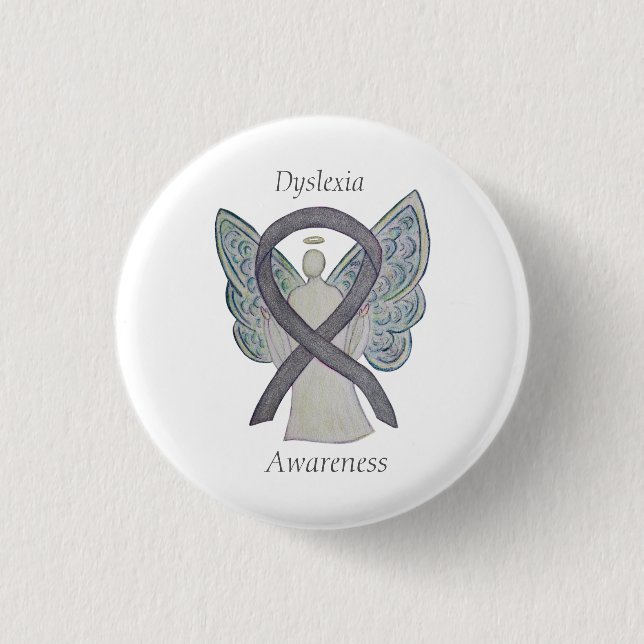 Dyslexia Silver Awareness Ribbon Angel Custom Pin (Front)