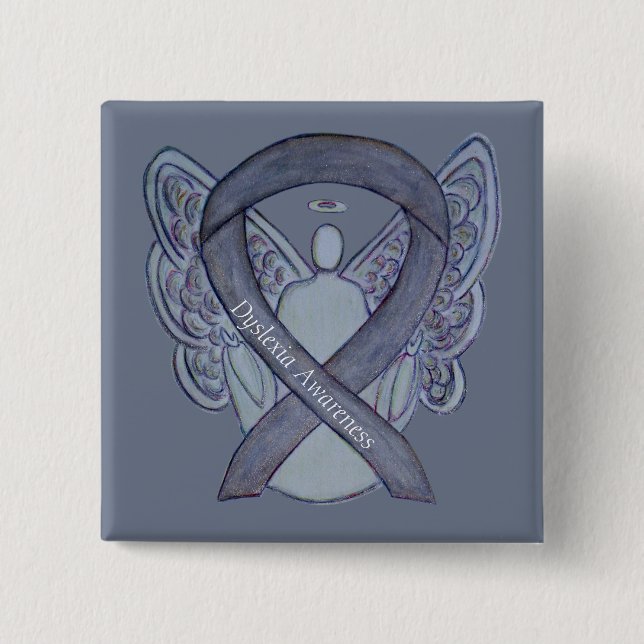 Dyslexia Silver Awareness Ribbon Angel Custom Pins (Front)