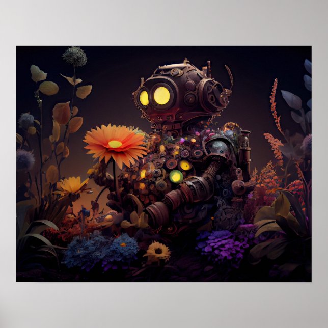 Dystopian Robot with Orange Flower Poster (Front)