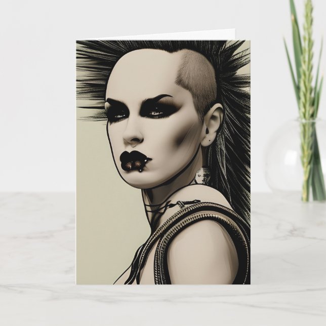Dystopian Woman Punk Rocker Mohawk and Piercings Card (Front)