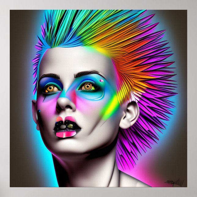 Dystopian Woman with Rainbow Mohawk Ai Art Poster (Front)