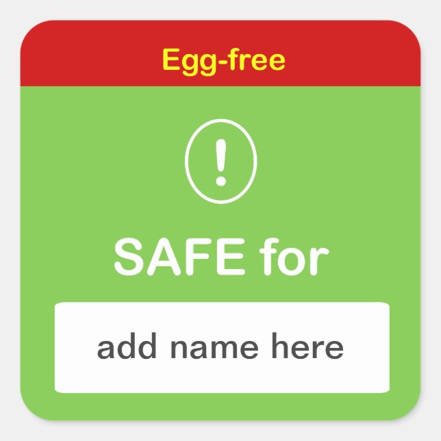 e4 - SAFE FOOD LABEL with Custom Name ~ EGG-FREE. (Front)