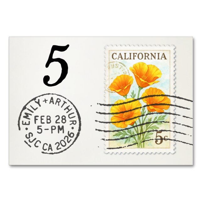 E&A Wedding Reception Table Card 5 CA Poppies (Front)