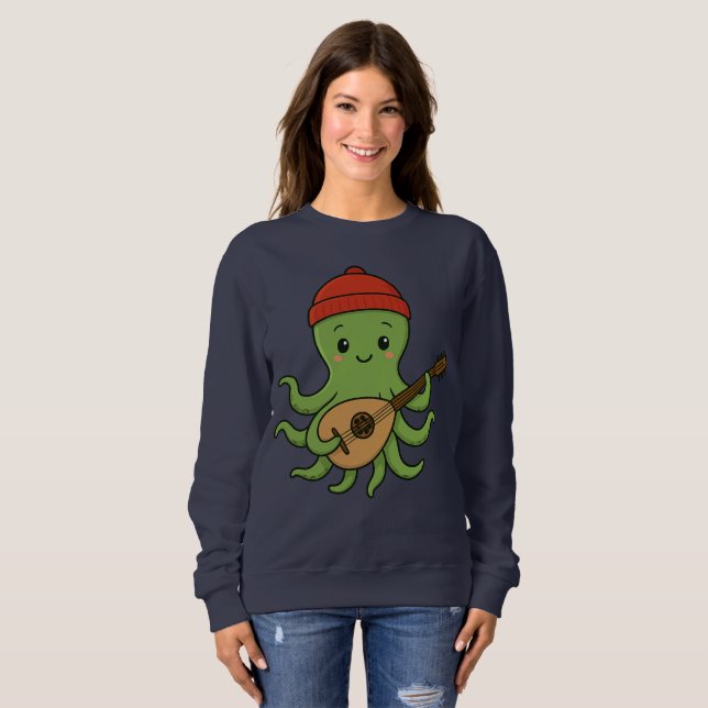 e: Cute Green Octopus Playing Oud with Red Hat Sweatshirt (Front Full)