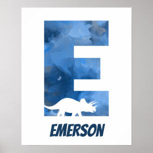 "E" Dinosaur Watercolor Blue Child's Name Poster