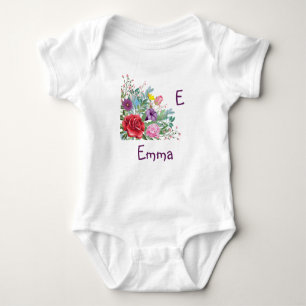 E Emma Personalise Letter Name, Rose Flowers Baby Bodysuit