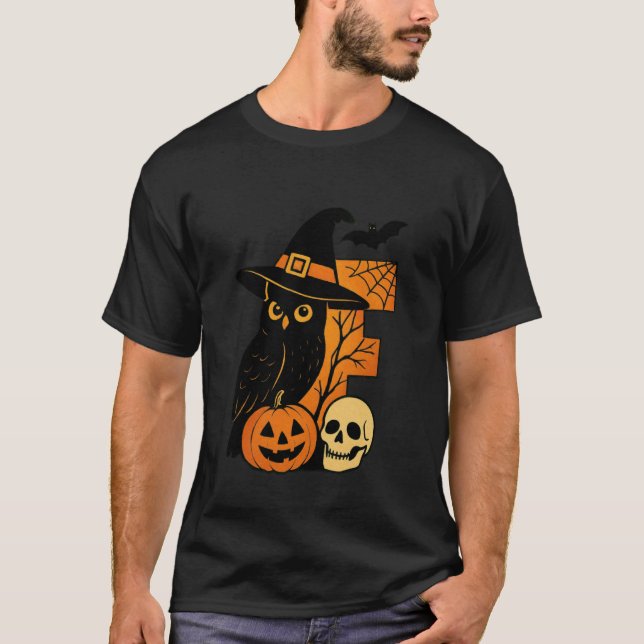 E is for Eerie Halloween Owl Skull T-Shirt (Front)