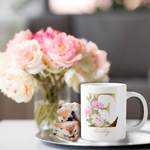 E Letter Gold Monogram   Pink Floral Arrangement Large Coffee Mug