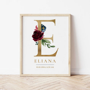 E Letter Monogram Name Marsala Floral Nursery Poster