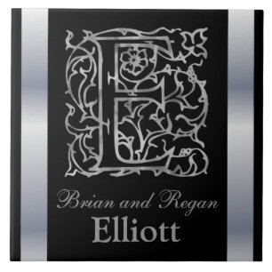 E Monogram and Name "Besque on Black" Ceramic Tile