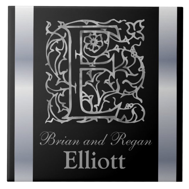 E Monogram and Name "Besque on Black" Ceramic Tile (Front)
