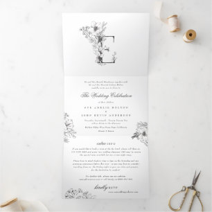 'E' Monogram Beautiful Sketched Floral Wedding Tri-Fold Invitation