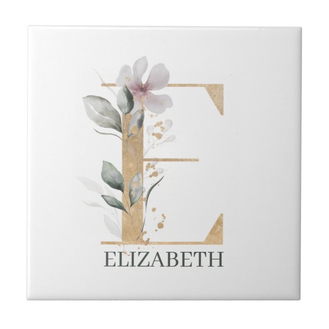 E Monogram Floral Personalised Ceramic Tile (Front)