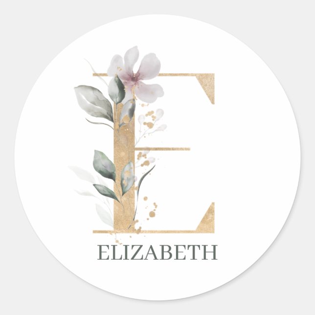 E Monogram Floral Personalised Classic Round Stick Sticker (Front)