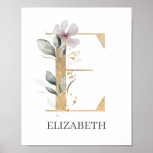 E Monogram Floral Personalised Poster