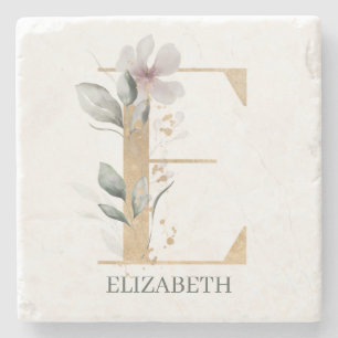 E Monogram Floral Personalised Stone Coaster