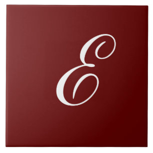 E Monogram Initial White on Maroon Ceramic Tile