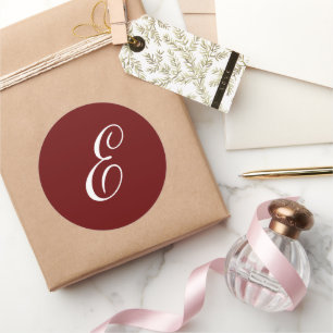 E Monogram Initial White on Maroon Classic Round Sticker