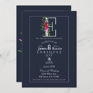 E Monogram Last Initial Modern Blue Floral Wedding Invitation