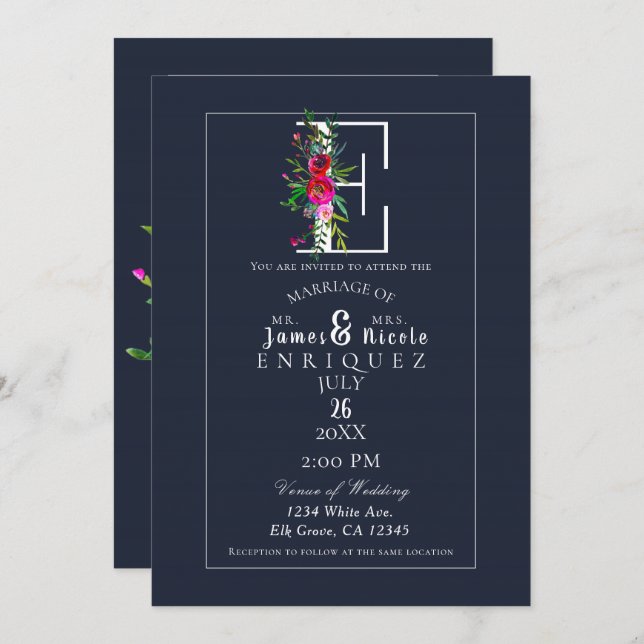 E Monogram Last Initial Modern Blue Floral Wedding Invitation (Front/Back)