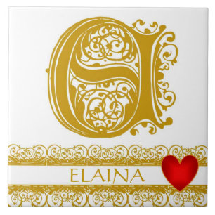 E Monogram Name Gold Lace Red Heart Template Tile