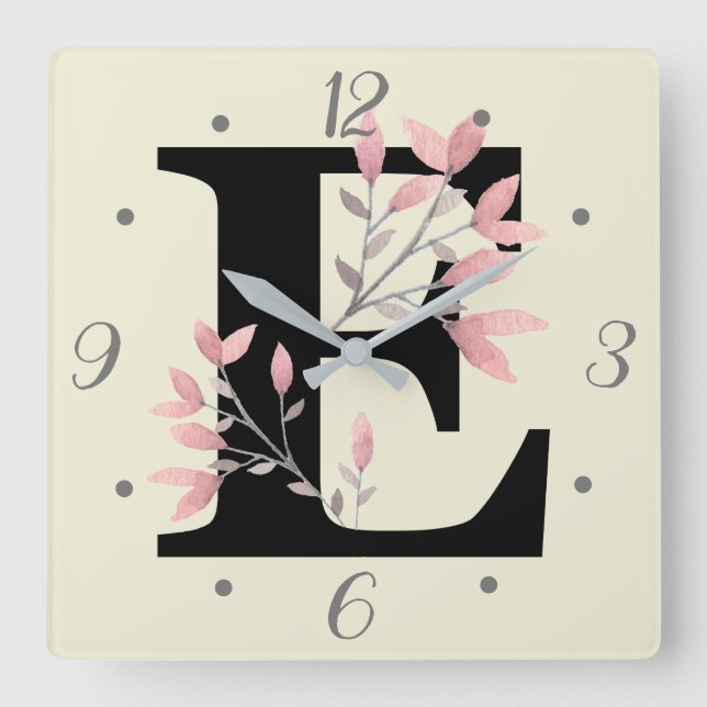 E Monogram with Pink Floral Sprays Square Wall Clock (Front)