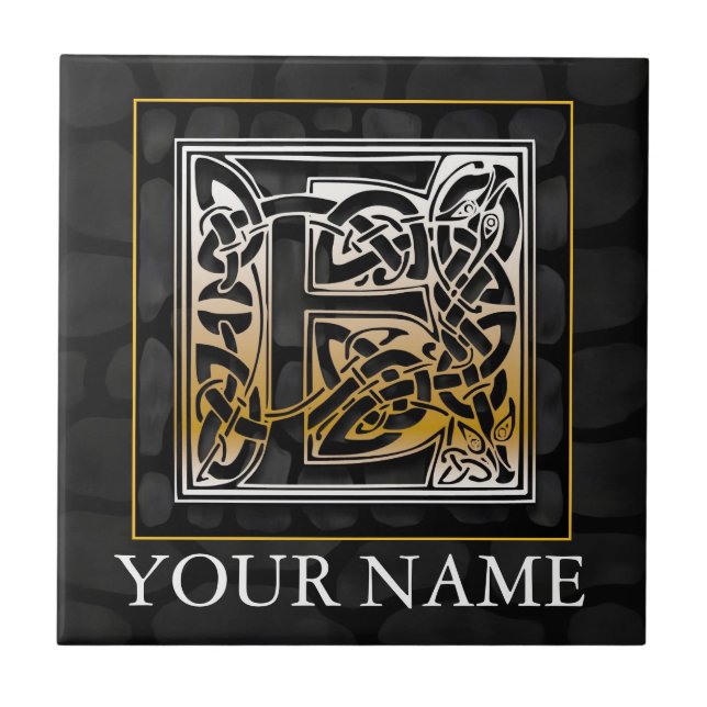 E "Your Name" Celtic Black Stone Monogram Tile (Front)