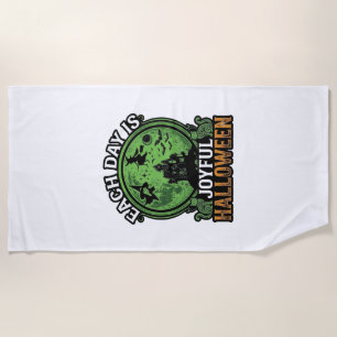 Each Day Joyful Halloween Haunted House Witch Cat Beach Towel