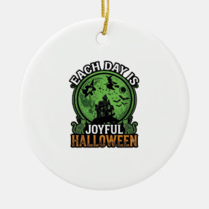 Each Day Joyful Halloween Haunted House Witch Cat Ceramic Ornament