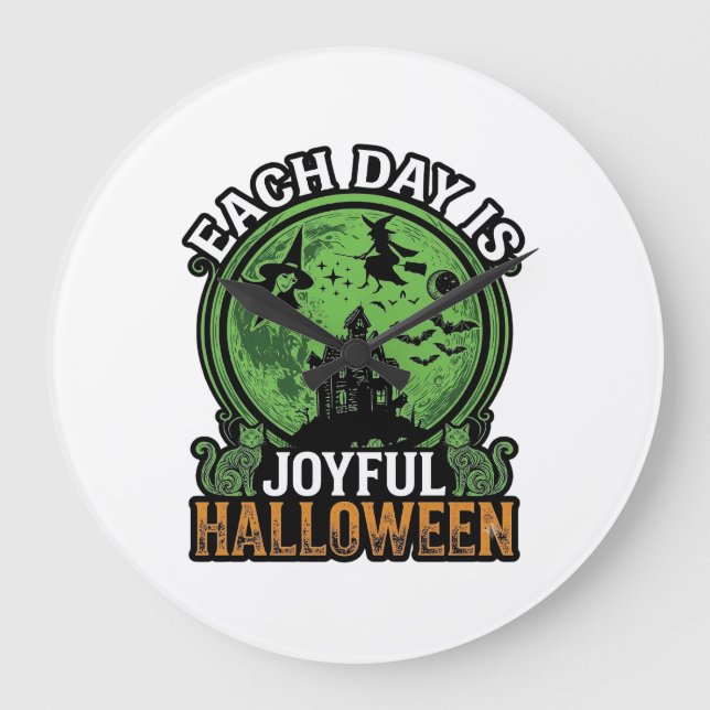 Each Day Joyful Halloween Haunted House Witch Cat  Large Clock (Front)