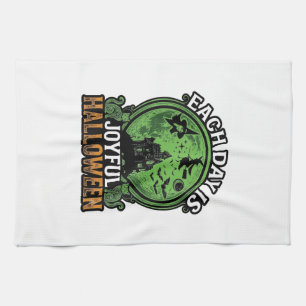 Each Day Joyful Halloween Haunted House Witch Cat Tea Towel