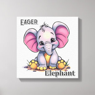 Eager Elephant Cute Cartoon Kid's Nursery Art Canvas Print