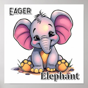 Eager Elephant    Cute Cartoon Kid's Nursery Art Poster