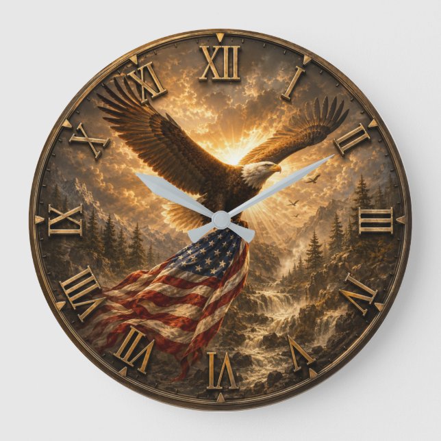 Eagle American Flag Patriotic Rustic Large Clock (Front)