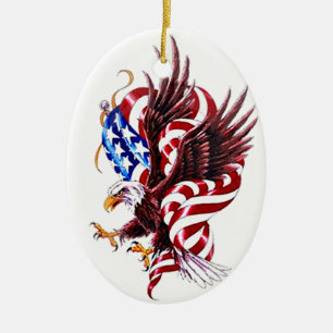 Eagle and American Flag Tatoo Illustration Style Ceramic Tree Decoration