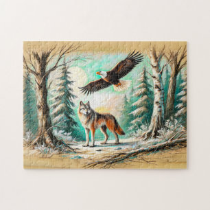 Eagle and Wolf in the Forest Pastel Chalk Drawing Jigsaw Puzzle