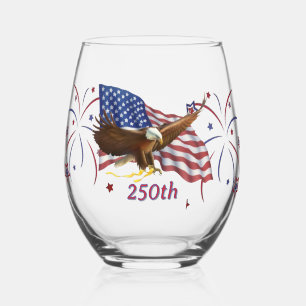 Eagle Carries 250th to American Flag w/ Fireworks Stemless Wine Glass
