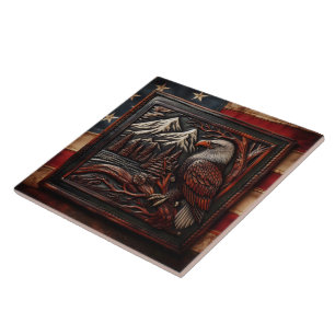 Eagle Carving With Mountain Backdrop Ceramic Tile