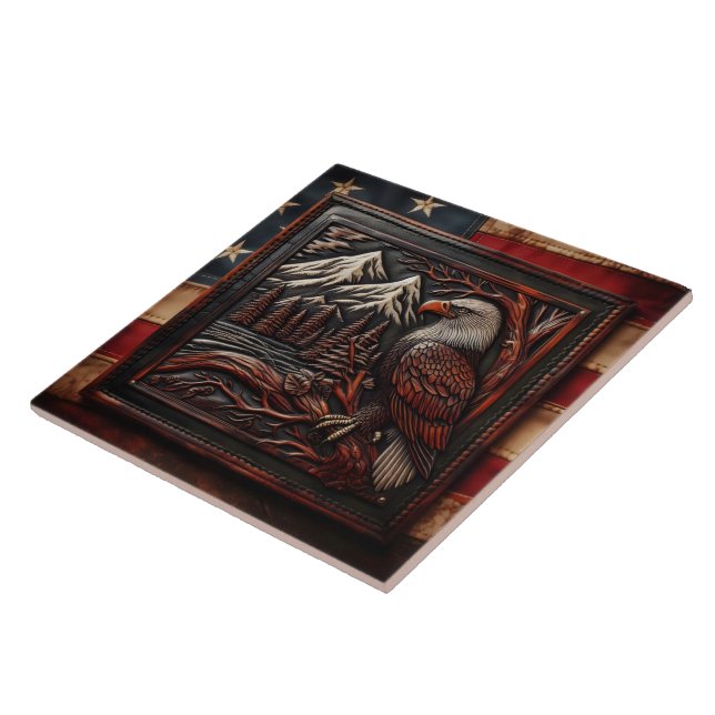 Eagle Carving With Mountain Backdrop Ceramic Tile (Side)