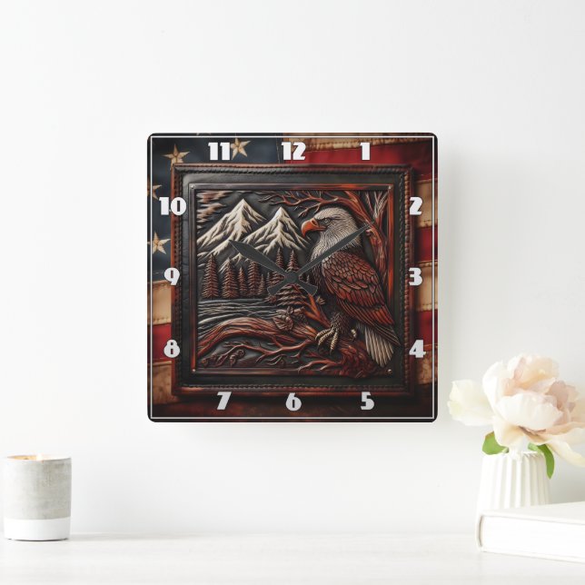 Eagle Carving With Mountain Backdrop Square Wall Clock (Home)