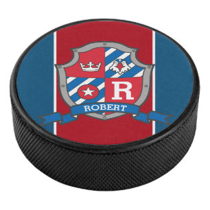 Eagle crest custom name red blue monogrammed hockey puck