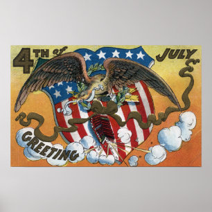Eagle Emblem Holding Fireworks, Flag-Shield Poster