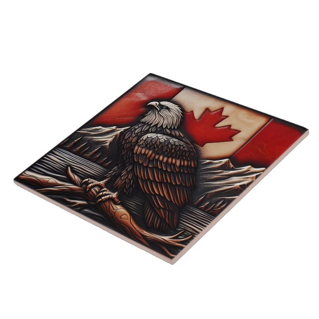 Eagle Emblem on Canadian Flag With Mountains Ceramic Tile (Side)