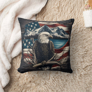 Eagle Emblem Over Mountain and American Flag Cushion