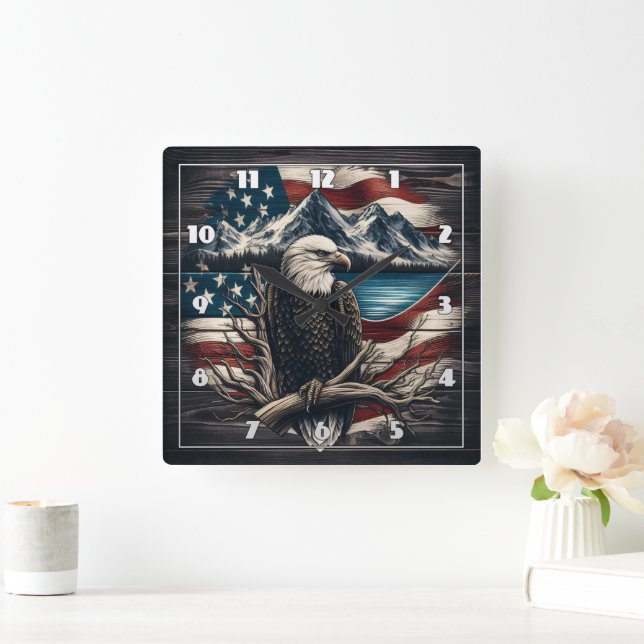 Eagle Emblem Over Mountain and American Flag Square Wall Clock (Home)