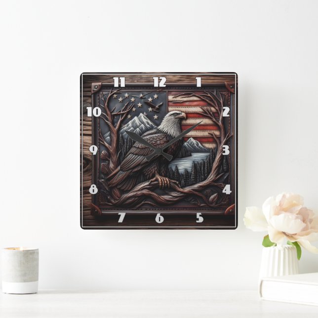Eagle Emblem With American Flag Design Square Wall Clock (Home)