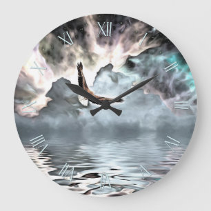 Eagle flies above water surface large clock
