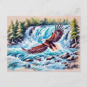 Eagle Flying in Front of Waterfall Pastel Chalk Postcard