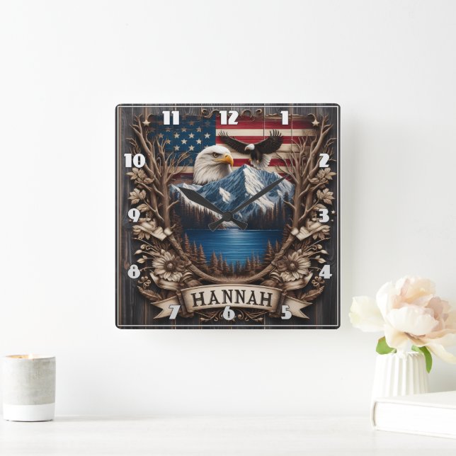 Eagle Flying Over Mountains and American Flag Square Wall Clock (Home)